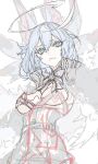  animal_ears belt blue_eyes blue_hair bow bowtie breasts chain covered_nipples eyelashes fur_trim hair_between_eyes highres hoe-l light_blue_eyes light_blue_hair long_eyelashes long_hair multicolored multicolored_hair o-ring original partially_colored sketch skirt white_hair work_in_progress 
