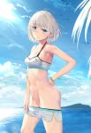  1girl bangs bare_shoulders beach blue_eyes blue_sky blush breasts clothes_pull collarbone day dolphin_shorts grey_hair highres homu_(seven_deadly_sins) idolmaster idolmaster_shiny_colors looking_at_viewer navel no_panties ocean serizawa_asahi short_hair short_shorts shorts shorts_pull sky small_breasts smile solo thighs white_shorts 