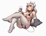  1girl alcohol areola_slip areolae bangs bikini black_bikini breasts crossed_legs cup demon_girl demon_horns demon_tail drinking_glass feet foreshortening gloves helltaker highres holding holding_cup horns large_breasts lentiyay lucifer_(helltaker) medium_hair mole mole_under_eye pillow red_eyes simple_background smile solo swimsuit tail thighhighs white_background white_gloves white_hair white_horns white_legwear wine wine_glass 