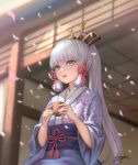  1girl :d aqua_eyes architecture bangs blunt_bangs blurry blurry_background bow cherry_blossom_print commentary_request cup damon_ct day depth_of_field east_asian_architecture eyebrows_visible_through_hair floral_print genshin_impact hair_bow hair_ornament hair_ribbon highres holding holding_cup japanese_clothes kamisato_ayaka kimono long_hair long_sleeves looking_away mole mole_under_eye obi open_mouth petals ribbon sash sidelocks signature silver_hair smile solo tress_ribbon wide_sleeves wind yunomi 