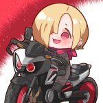  1girl :d bandana biker_clothes bikesuit black_footwear black_gloves blonde_hair blush bodysuit boots chibi driving ear_piercing earrings gloves ground_vehicle hair_over_one_eye idolmaster idolmaster_cinderella_girls jewelry motor_vehicle motorcycle one_eye_covered open_mouth piercing red_bandana shirasaka_koume smile solo takato_kurosuke 