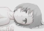  1other absurdres androgynous avogado6 expressionless grey_background grey_eyes grey_hair highres jitome light_switch looking_at_viewer lying nude on_side original shadow short_hair simple_background upper_body 
