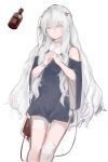  1girl absurdres bandaged_leg bandaged_neck bandages bangs bare_shoulders blood blood_bag blush bottle closed_mouth commentary dated_commentary dress english_commentary girls&#039;_frontline grey_dress grey_eyes grey_hair hair_between_eyes hands_together highres intravenous_drip long_hair looking_at_viewer rampart1028 ribeyrolles_(girls&#039;_frontline) short_dress sidelocks simple_background solo translation_request very_long_hair wavy_hair white_background 