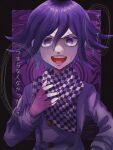  1boy :d bangs black_border black_scarf blood blood_from_mouth blush border buttons checkered checkered_neckwear checkered_scarf danganronpa_(series) danganronpa_v3:_killing_harmony double-breasted flipped_hair grey_jacket hair_between_eyes hand_up highres iwashi_(kamekazusa) jacket long_sleeves looking_at_viewer open_mouth ouma_kokichi pink_blood purple_background purple_eyes purple_hair scarf shiny shiny_hair smile solo sweat upper_body upper_teeth v-shaped_eyebrows white_scarf 