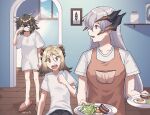  apron arknights bangs black_horns blonde_hair breakfast brown_hair casual child collarbone commentary_request dated dragon_horns english_commentary eyebrows_visible_through_hair feather_hair food glasses hand_up highres holding holding_plate horns ifrit_(arknights) indoors kawaii_inu5 lettuce long_hair looking_at_another lower_teeth medium_hair mixed-language_commentary morning no_pants open_mouth orange_eyes parted_lips picture_(object) plate rubbing_eyes saria_(arknights) sausage shelf shirt short_sleeves silence_(arknights) silver_hair sleepy slippers sparkle sunlight sunny_side_up_egg t-shirt white_shirt window wooden_floor 
