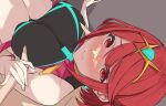  1girl bare_shoulders blush breast_grab breast_hold breast_squeeze breasts circlet covered_nipples grabbing halterneck large_breasts legs_together leotard lips looking_at_viewer looking_up pyra_(pro_swimmer)_(xenoblade) pyra_(xenoblade) red_eyes red_hair skindentation thigh_gap thighs xenoblade_chronicles_(series) xenoblade_chronicles_2 yuuki_shin 
