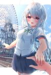  1girl :d ahoge blue_sky blush cloud dating day ferris_wheel grey_hair happi_(michiru_donut) highres holding_hands long_hair looking_at_viewer michiru_donut open_mouth original outdoors purple_eyes shirt short_sleeves skirt sky smile white_shirt 