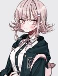  1girl 3j_dangan animal_bag bangs black_jacket black_shirt blush breasts cat_bag collared_shirt danganronpa_(series) danganronpa_2:_goodbye_despair dress_shirt eyebrows_visible_through_hair flipped_hair galaga hair_ornament hairclip highres hood hood_down jacket long_sleeves looking_at_viewer medium_hair nanami_chiaki neck_ribbon open_clothes open_jacket pink_eyes pink_ribbon pout ribbon shiny shiny_hair shirt simple_background solo upper_body white_shirt 