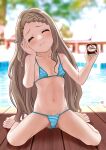  1girl absurdres aoba_kokona barefoot bikini blue_bikini blurry blurry_background braid braided_bangs breasts brown_hair closed_eyes commentary_request day facing_viewer food forehead full_body hair_ornament hairclip hand_on_own_face highres ice_cream long_hair micro_bikini mu-pyon pier sitting small_breasts solo spoon swimsuit wariza yama_no_susume 