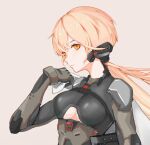  1girl alternate_costume armor assault_rifle blonde_hair breasts closed_mouth eyebrows_visible_through_hair girls&#039;_frontline girls&#039;_frontline_2:_exilium gloves grey_gloves gun headphones long_hair looking_at_viewer medium_breasts mo_geng ots-14 ots-14_(girls&#039;_frontline) rifle simple_background solo_focus underboob weapon yellow_eyes 