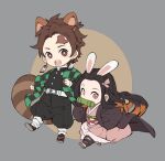  1boy 1girl animal_ears belt bit_gag black_hair black_pants brother_and_sister brown_hair chibi earrings gag hair_ribbon haori highres japanese_clothes jewelry kamado_nezuko kamado_tanjirou kimetsu_no_yaiba kimono long_hair multicolored_hair obi open_mouth pants papajay_(jennygin2) pink_eyes rabbit_ears raccoon_ears raccoon_tail red_eyes ribbon sash scar scar_on_face siblings simple_background tail two-tone_background white_belt 