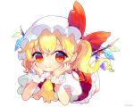  1girl artist_name ascot bangs blonde_hair bow closed_mouth collared_shirt commentary crossed_bangs crystal eyebrows_visible_through_hair eyes_visible_through_hair fang flandre_scarlet frilled_sleeves frills full_body hands_on_own_cheeks hands_on_own_face hat hat_bow head_rest hinasumire light_blush looking_at_viewer lying mary_janes medium_hair mob_cap on_stomach one_side_up petticoat pointy_ears puffy_short_sleeves puffy_sleeves red_bow red_legwear red_skirt red_vest shirt shoes short_sleeves simple_background skin_fang skirt skirt_set smile socks solo the_pose touhou vest watermark white_background white_headwear white_legwear white_shirt wing_collar wings wrist_cuffs yellow_neckwear 