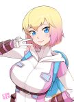  1girl belt blonde_hair blue_eyes bowieknife breasts gradient_hair gwen_poole gwenpool holding katana large_breasts leotard looking_at_viewer marvel multicolored_hair pink_hair pink_leotard pouch short_hair simple_background smile solo superhero sword two-tone_hair weapon white_background 