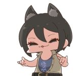  1girl :3 animal_ear_fluff animal_ears belt black_belt black_eyes black_hair chibi clothes_writing double_fox_shadow_puppet fox_shadow_puppet grey_shirt hair_between_eyes half-closed_eyes idolmaster idolmaster_cinderella_girls looking_at_viewer parted_lips print_shirt shiomi_syuko shirt simple_background smile solo takato_kurosuke upper_body white_background 