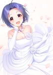  1girl absurdres ahoge blue_hair commentary dress elbow_gloves flower gloves highres idolmaster idolmaster_(classic) jewelry looking_at_viewer looking_up mikapoe miura_azusa necklace petals red_eyes rose solo strapless strapless_dress wedding_dress white_dress white_flower white_gloves white_rose 