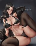  1girl azto_dio bangs bare_shoulders bikini black_bikini black_coat black_hair black_legwear blush breasts choker cleavage coat collarbone fur-trimmed_coat fur_trim grey_eyes large_breasts long_hair looking_at_viewer navel off_shoulder parted_bangs solo spread_legs swimsuit the_witcher_(series) the_witcher_3 thighhighs thighs yennefer 