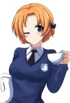  1girl ;) absurdres aikir_(jml5160) bangs black_bow black_neckwear blue_eyes blue_sweater bow braid closed_mouth commentary cup dress_shirt emblem girls_und_panzer hair_bow highres holding holding_cup holding_teapot long_sleeves looking_at_viewer necktie one_eye_closed orange_hair orange_pekoe_(girls_und_panzer) parted_bangs school_uniform shirt short_hair simple_background smile solo st._gloriana&#039;s_(emblem) st._gloriana&#039;s_school_uniform sweater teacup teapot tied_hair twin_braids upper_body v-neck white_background white_shirt wing_collar 
