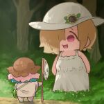  2girls aqua_footwear arms_at_sides bare_arms blonde_hair blue_hair brown_headwear butterfly_net chibi dress facing_away flower forest full_body hair_over_one_eye hand_net hat hat_flower height_difference idolmaster idolmaster_cinderella_girls multicolored_hair multiple_girls nature no_pants open_mouth outdoors pink_hair red_eyes shirasaka_koume short_eyebrows short_hair short_sleeves sleeveless sleeveless_dress smile standing sun_hat sundress sunflower takato_kurosuke tree two-tone_hair white_headwear wide_sleeves yumemi_riamu 