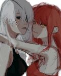  2girls bare_shoulders black_eyepatch chainsaw_man cigarette eyepatch highres hug long_hair looking_at_viewer makima_(chainsaw_man) mouth_hold multiple_girls noroma02 quanxi_(chainsaw_man) red_hair simple_background sketch upper_body white_background white_hair yellow_eyes 