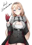  1girl absurdres arm_behind_back blue_eyes blush breasts cleavage girls&#039;_frontline goodbye highres large_breasts light_brown_hair long_hair smile solo stg-940_(girls&#039;_frontline) very_long_hair waving zen_juraku 