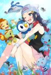  1girl absurdres air_bubble barefoot beanie black_hair black_shirt blue_eyes blurry bracelet bubble buizel chimchar commentary_request dawn_(pokemon) finneon gen_2_pokemon gen_4_pokemon haru_(re_ilust) hat highres jewelry manaphy mantyke mythical_pokemon pink_skirt piplup pokemon pokemon_(creature) pokemon_(game) pokemon_dppt red_scarf scarf shirt skirt sleeveless sleeveless_shirt starter_pokemon_trio turtwig underwater white_headwear wooper 