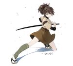  1girl bangs brown_eyes brown_hair brown_hakama chagen_kokimu closed_mouth dated hair_between_eyes hair_ribbon hakama hakama_skirt holding holding_sheath holding_sword holding_weapon ise_(kancolle) japanese_clothes kantai_collection katana one_knee ponytail ribbon ribbon-trimmed_sleeves ribbon_trim sandals sheath simple_background solo sword undershirt unsheathing weapon white_background 