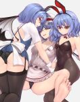  3girls alternate_costume animal_ears ass bare_back barefoot bat_wings black_leotard black_panties blue_hair breasts cleavage clone collarbone dog_ears dress dress_shirt feet frills garter_straps highres leotard maid miniskirt multiple_girls multiple_persona no_hat no_headwear no_pants open_clothes panties pantyhose pink_dress playboy_bunny puffy_short_sleeves puffy_sleeves rabbit_ears red_eyes remilia_scarlet sash shirt short_hair short_sleeves simple_background skirt slit_pupils smile soles strapless strapless_leotard sudako_(dai011305) thighhighs touhou underwear white_background white_shirt wings 