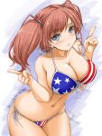  1girl akimoto_dai american_flag_bikini artist_name atlanta_(kancolle) bikini breasts brown_hair commentary_request cowboy_shot dated earrings flag_print grey_eyes halterneck highres index_fingers_raised jewelry kantai_collection large_breasts long_hair looking_at_viewer side-tie_bikini solo star_(symbol) star_earrings string_bikini swimsuit two_side_up 