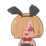  1girl :d animal_ears black_hairband black_leotard blonde_hair bow bowtie chibi ear_protection earrings hair_over_one_eye hairband idolmaster idolmaster_cinderella_girls jewelry jitome leotard looking_at_viewer one_eye_covered open_mouth pink_eyes playboy_bunny rabbit_ears red_bow red_neckwear shirasaka_koume simple_background smile solo strapless strapless_leotard symbol-only_commentary takato_kurosuke white_background 
