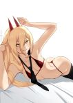  +_+ 1girl armpits ass bed_sheet bikini black_neckwear blonde_hair breasts chainsaw_man cleavage clothes_pull commentary cowboy_shot demon_horns english_commentary eyes_visible_through_hair grin hair_between_eyes hand_in_hair highres hioyami horns long_hair looking_at_viewer lying medium_breasts micro_bikini necktie on_side pants pants_pull patreon_username power_(chainsaw_man) red_bikini sharp_teeth simple_background smile solo string_bikini swimsuit teeth thong_bikini white_background yellow_eyes 