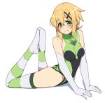  1girl akatsuki_kirika blonde_hair blush breasts closed_mouth full_body green_eyes green_leotard hair_ornament knees_up leotard looking_at_viewer medium_breasts senki_zesshou_symphogear shiny shiny_hair short_hair simple_background solo striped striped_legwear tsukamoto_kensuke white_background x_hair_ornament 