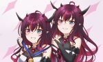  2girls absurdres bangs blue_eyes blush breasts detached_sleeves english_commentary eyebrows_visible_through_hair hair_behind_ear hair_between_eyes heterochromia highres hololive hololive_english irys_(hololive) jan_azure looking_ahead medal medium_breasts meme multiple_girls pointy_ears purple_eyes purple_hair smile time_paradox virtual_youtuber 