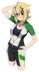  1girl akatsuki_kirika blonde_hair blush breasts cleavage green_eyes hair_ornament jacket looking_at_viewer medium_breasts navel open_clothes open_jacket senki_zesshou_symphogear shiny shiny_hair short_hair simple_background solo sportswear standing track_jacket tsukamoto_kensuke white_background x_hair_ornament zipper 