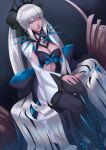  1girl bangs blue_eyes bow braid breasts cleavage clothing_cutout dress fate/grand_order fate_(series) hair_bow hair_ornament hand_on_own_knee highres kouichi09 large_breasts long_hair morgan_le_fay_(fate) navel_cutout parted_lips silver_hair sitting solo thighhighs very_long_hair 