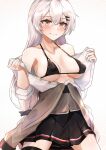  1girl absurdres bangs bare_shoulders black_bra black_skirt blush bra breasts brown_jacket closed_mouth clothes_pull collarbone eyebrows_visible_through_hair girls&#039;_frontline highres jacket jacket_pull jewelry long_hair looking_at_viewer medium_breasts muteppona_hito ring shirt shirt_pull silver_hair sitting skirt smile solo svd_(girls&#039;_frontline) underwear white_background white_shirt yellow_eyes 