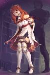  1girl absurdres arms_behind_back ball_gag boots bound cape celica_(fire_emblem) collar fire_emblem fire_emblem_echoes:_shadows_of_valentia gag gagged hairband hand_on_another&#039;s_shoulder highres kaddo leash long_hair orange_eyes orange_hair red_rope restrained rope sex_toy signature skirt soldier thigh_boots thighhighs torn_clothes vibrator 