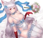  1girl :o absurdres animal_ear_fluff animal_ears blush bouquet breasts cat_ears cat_girl cat_tail cleavage collarbone commentary_request elbow_gloves eyebrows_visible_through_hair flower frills gloves hair_between_eyes highres king&#039;s_raid kirze large_breasts long_hair looking_at_viewer open_mouth red_eyes red_gloves sitting solo tail thighhighs very_long_hair wariza white_hair white_legwear yu_mochi_(kamiinu) 