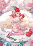  1girl bow breasts bustier cake cat collarbone cup detached_sleeves drill_hair eyebrows_visible_through_hair flower food food-themed_clothes fork fruit full_body garter_belt garter_straps hat high_heels highres holding holding_fork leaf lips long_hair looking_at_viewer macaron medium_breasts minigirl nishimura_eri original panties parted_lips pink_hair pink_legwear pink_panties pink_theme red_footwear red_theme saucer solo strawberry sweets_lingerie teacup thighhighs underwear white_bow white_cat white_theme 