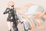  1girl absurdres alternate_costume armor assault_rifle belt blonde_hair breasts camouflage camouflage_shorts cloak closed_mouth eyebrows_visible_through_hair feet_out_of_frame girls&#039;_frontline girls&#039;_frontline_2:_exilium gloves grey_gloves gun headphones highres holding holding_weapon long_hair looking_at_viewer medium_breasts mo_geng ots-14 ots-14_(girls&#039;_frontline) rifle shorts simple_background solo_focus standing underboob weapon white_cloak yellow_eyes 