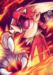  absurdres blaziken blue_eyes claws colored_sclera commentary fire furry gen_3_pokemon highres open_mouth pokemon pokemon_(creature) solo tia_(iris-sempi) tongue yellow_fur yellow_sclera 