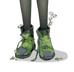 1girl animal boots bug feet flower foot_focus fungus grey_footwear highres insect ladybug milka_(milk4ppl) moss original pantyhose plant signature simple_background solo standing white_background white_flower 