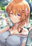  1girl ;) bangs blurry blurry_background blush bottle breasts buttons cleavage collarbone commentary day eyebrows_visible_through_hair gochuumon_wa_usagi_desu_ka? hair_between_eyes hair_ornament hairclip highres holding holding_bottle hoto_cocoa large_breasts long_hair looking_at_viewer older one_eye_closed orange_hair outdoors purple_eyes ramune smile solo upper_body xephyrks 