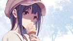  1girl bangs blue_hair brown_headwear covered_mouth eating face hibike!_euphonium highres ice_cream_cone liz_to_aoi_tori long_hair maydcafe portrait purple_eyes solo symbol-only_commentary tree visor_cap white_background yoroizuka_mizore 
