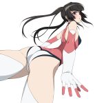  1girl ass bangs black_hair blunt_bangs breasts elbow_gloves from_behind gloves leotard long_hair looking_at_viewer looking_back pink_eyes pink_leotard senki_zesshou_symphogear shiny shiny_hair simple_background small_breasts solo thighhighs tsukamoto_kensuke tsukuyomi_shirabe twintails white_background white_legwear 