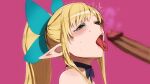  1boy 1girl bangs bare_shoulders blonde_hair bow censored choker closed_eyes elf erection fringe_trim hair_bow half-closed_eyes highres imminent_fellatio kirika_towa_alma long_hair mokke_(mokke99) mosaic_censoring open_mouth pale_skin penis pink_background pointy_ears ponytail rolling_eyes shining_(series) shining_resonance simple_background tears tongue tongue_out twitching 