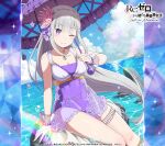  blue_sky bracelet emilia_(re:zero) flower hair_flower hair_ornament highres jewelry ocean official_art one_eye_closed purple_eyes rainbow re:zero_kara_hajimeru_isekai_seikatsu silver_hair sky swimsuit thighs umbrella 