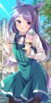  1girl :d animal_ears bangs black_legwear blue_dress blue_ribbon blurry blurry_background blush bow commentary_request day depth_of_field dress ear_ribbon eyebrows_visible_through_hair food holding holding_food holding_spoon horse_ears horse_girl horse_tail ice_cream ice_cream_cone long_hair long_sleeves looking_at_viewer mejiro_mcqueen_(umamusume) open_mouth outdoors pantyhose purple_bow purple_eyes purple_hair ribbon shirt sleeveless sleeveless_dress smile solo spoon swept_bangs tail tanabe triple_scoop umamusume very_long_hair white_shirt 