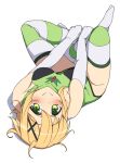  1girl akatsuki_kirika blonde_hair blush breasts elbow_gloves gloves green_eyes hair_ornament leg_grab legs_up looking_at_viewer lying medium_breasts on_back senki_zesshou_symphogear shiny shiny_hair short_hair simple_background solo striped striped_legwear tsukamoto_kensuke white_background x_hair_ornament 