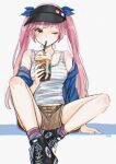  1girl arm_support bangs bare_legs black_footwear blue_jacket blue_ribbon brown_eyes brown_shorts closed_mouth collarbone converse drink drinking_straw_in_mouth frappuccino full_body grey_background hair_ribbon highres holding holding_drink jacket long_hair long_sleeves looking_at_viewer midriff_peek mizutamako off_shoulder omega_rio omega_sisters one_eye_closed pink_hair ribbon shorts simple_background sitting solo striped_tank_top tank_top twintails virtual_youtuber visor_cap 