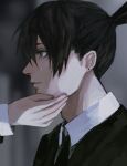  1boy 1other black_hair black_neckwear black_suit blurry blurry_background chainsaw_man closed_mouth crying crying_with_eyes_open earrings formal grey_eyes hand_on_another&#039;s_cheek hand_on_another&#039;s_face hayakawa_aki_(chainsaw_man) highres jewelry male_focus necktie noroma02 ponytail solo_focus stud_earrings suit tears upper_body 